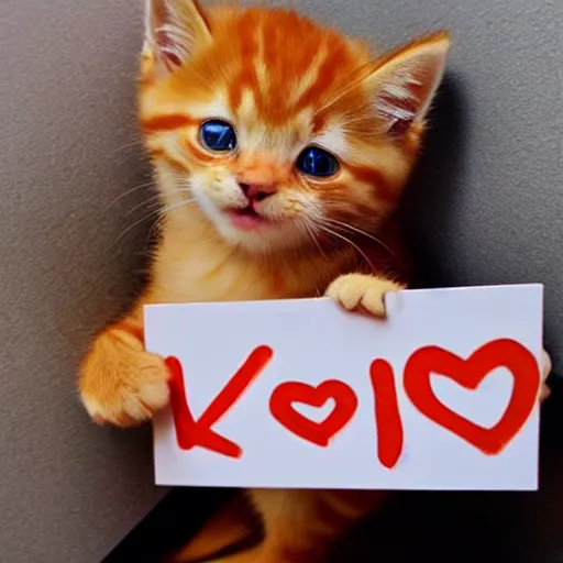 Image similar to cute fluffy orange tabby kitten with a sign that says