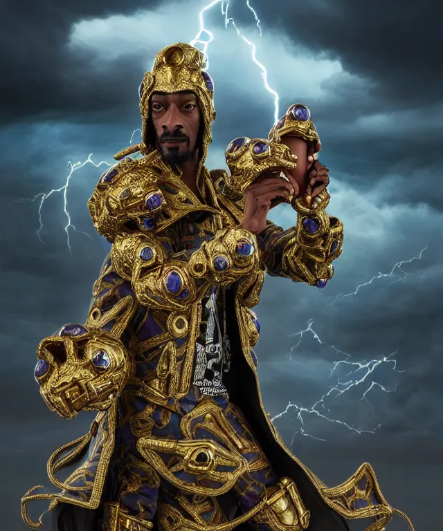 Image similar to hyperrealistic rendering, epic boss battle, ornate supreme snoop dogg, jewel crown, battle armor, by art of skinner and richard corben and artgerm and greg rutkowski and alphonse mucha, product photography, action figure, sofubi, storm clouds, outside, lightning