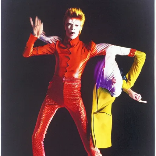 Image similar to david bowie from changes giving a piggy back ride to ziggy stardust. glam rock. colorful. by andy warhol