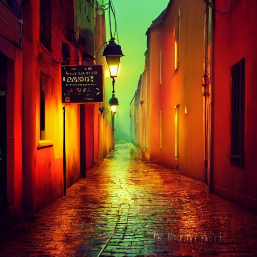 Image similar to a cute orange tabby cat with green on an old street, it is night and raining, street lamps are illuminating the street, moody lighting, peaceful atmosphere, digital art, highly detailed, high contrast, beautiful lighting, award winning, trending on art station, 8 k,