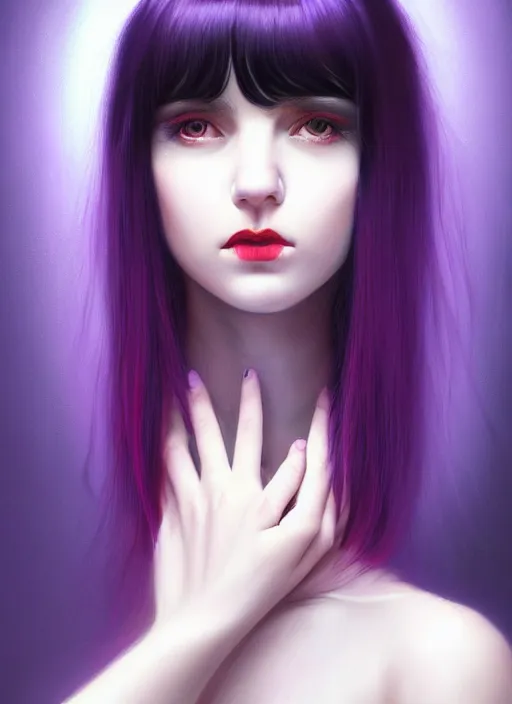 Image similar to portrait of teenage girl with white bangs, red irises, black hair, purple clothes, white bangs, bangs are different color from hair, intricate, front of hair is white rest is black, elegant, glowing lights, highly detailed, digital painting, artstation, concept art, smooth, sharp focus, illustration, art by wlop, mars ravelo and greg rutkowski