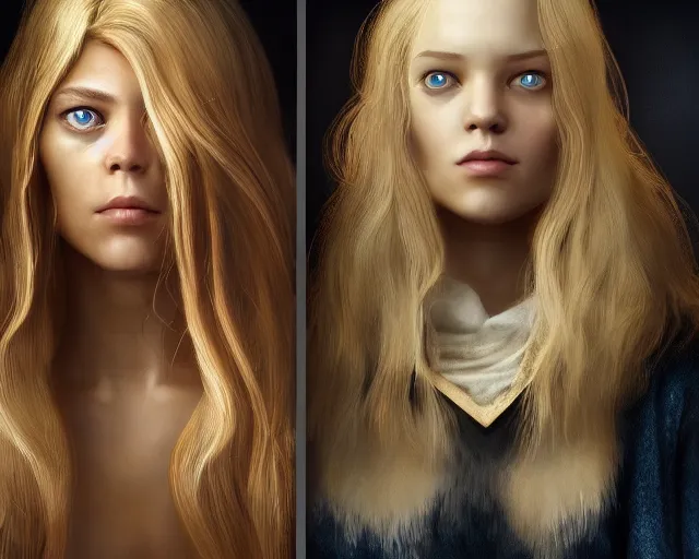 Image similar to epic cinematic shot of beautiful scandinavian princess with symmetrical face stunning eyes and long blonde hair versus german shephard dog, weta disney pixar, hi - fructose, decadent highly - detailed digital painting, golden ratio, octane render, artstation, cinematic composition, smooth, sharp focus, artgerm, mucha, loish, wlop hdr