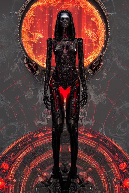 Prompt: full-body cyberpunk style sculpture of a young beautiful dark priestess, half android with a head opening exposing circuitry. glowing red eyes, black roses, flowing blood red colored silk, fabric, candles. baroque elements, human skull. full-length view. baroque element. intricate artwork by caravaggio. crows flying in background. Trending on artstation. octane render. cinematic lighting from the right, hyper realism, octane render, 8k, depth of field, 3D