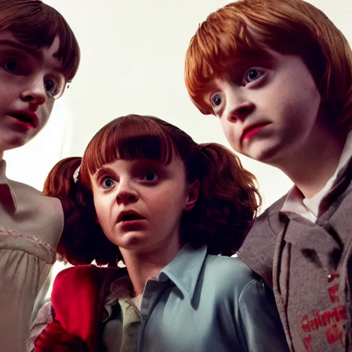 Prompt: Daniel Radcliffe and Emma Watson and Rupert Grint starring in Stranger Things, netflix, television still, 4k, 1980s aesthetic, dark fantasy