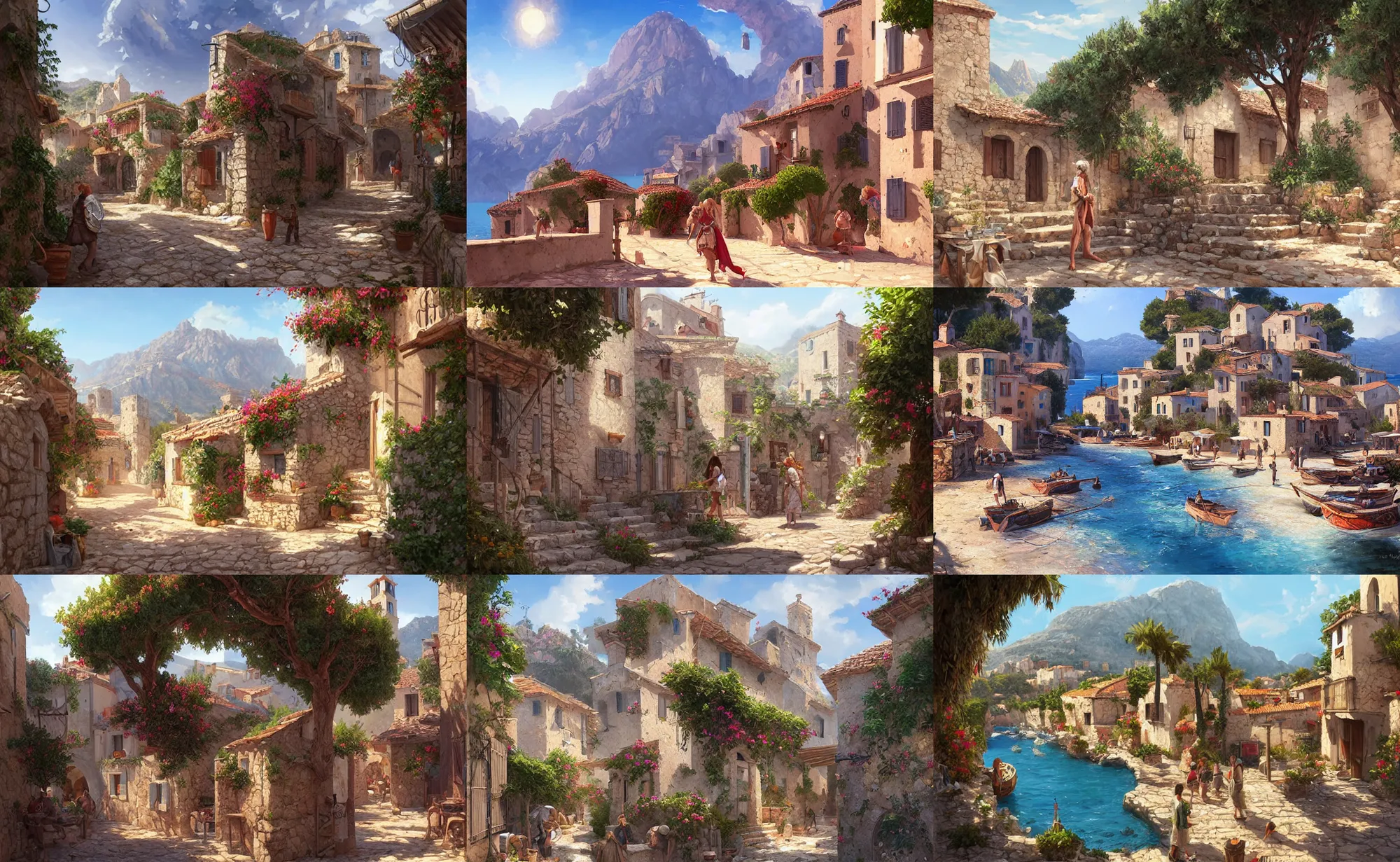 Prompt: mediterranean corsican village, highly detailed, digital painting, artstation, concept art, sharp focus, illustration, art by artgerm and greg rutkowski and raphael lacoste and magali villeneuve