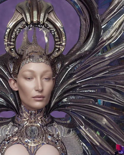 Image similar to a highly detailed metahuman 4 k close up render of an alien goddess bella hadid monument in iris van herpen armor schiaparelli in diamonds crystals swarovski and jewelry iridescent in style of alphonse mucha gustav klimt trending on artstation made in unreal engine 4