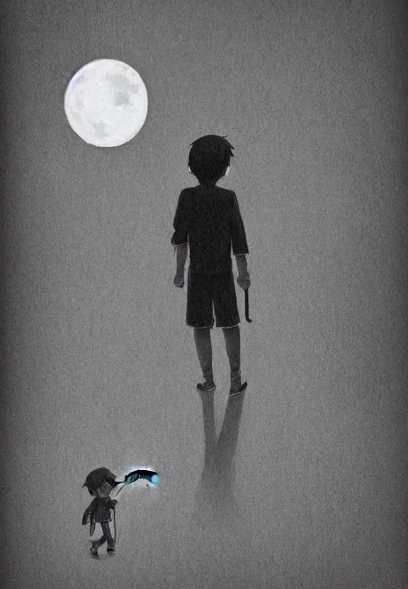 Image similar to little boy standing, holding umbrella in front of playground, at night, full moon, cute anime style, black and white artwork,