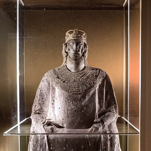 Prompt: a completely transparent glass cube in which the young handsome king's body has been perfectly preserved. he is dressed in all casual regal garments. his body is beautifully preserved and the display is magnficent. the display is in the darkness of the catacombs and is beautifully lit, he has natural color and is posed in a relaxed way.