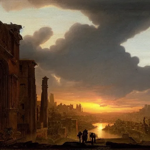 Prompt: vista of a city at sunset, the city is a sprawling renaissance city that is built on the rolling hills of a wide bay amidst cyclopean tombs and overgrown by the rainforest, rpg, hubert robert, cityscape, vista, dying earth, reclaimed ruins