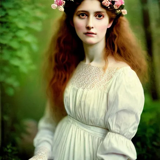 Image similar to Kodak Portra 400, 8K, soft light, volumetric lighting, highly detailed, britt marling style 3/4 ,portrait photo of a beautiful woman how pre-Raphaelites painter, a beautiful lace dress and detailed flowers adorning her hair, white pearls on her beautiful face, Realistic, Refined, Highly Detailed, natural outdoor soft pastel lighting colors scheme, outdoor fine art photography, Hyper realistic, photo realistic