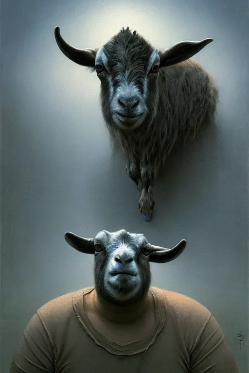 Image similar to painting of hybrid between human andy milonakis and a goat, by zdzislaw beksinski, by tiffany bozic, cold hue's, warm tone gradient background, concept art, beautiful composition, digital painting