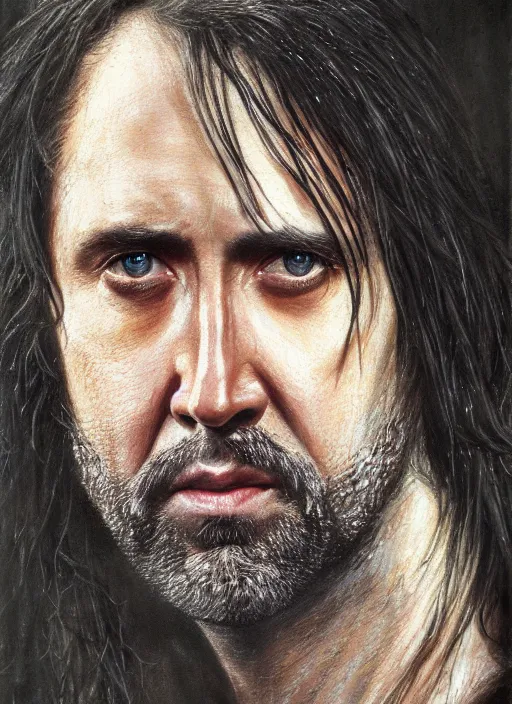 Image similar to portrait of nicolas cage as aragorn, by alan lee, lord of the rings, smooth, detailed terrain, oil painting, matte painting, concept art, trending on artstation, promotional artwork, film still, elegant, photorealistic facial features, intricate, detailed face, cinematic lighting