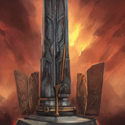 Image similar to Gungnir, the spear of Odin, laying on the pedestal in the armory of the gods, painting by Diego Gisbert Llorens