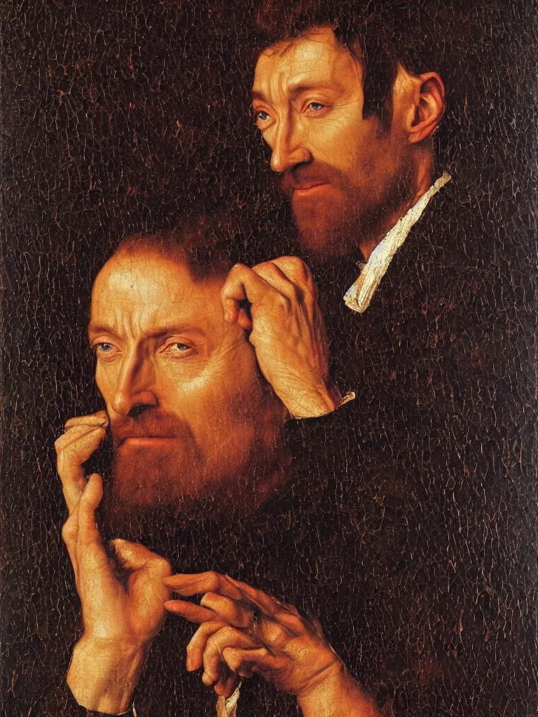 Image similar to portrait of hugh jackman, oil painting by jan van eyck, northern renaissance art, oil on canvas, wet - on - wet technique, realistic, expressive emotions, intricate textures, illusionistic detail