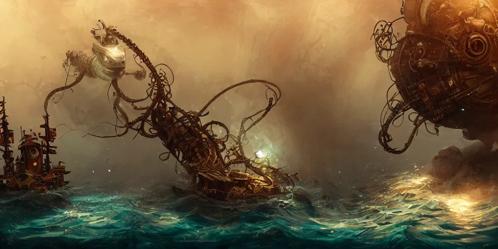 Prompt: james paick - an underwater steampunk craft escapes a kraken, volitile, vibrant, 3 5 mm lens, game creature and environment design, behance hd, dramatic lighting, cinematic, global illumination, deviant art, trending on artstation, bloom