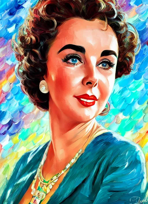 Image similar to elizabeth taylor, wearing mid - century clothes,, half body shot, path traced, highly detailed, high quality, digital painting, alena aenami, leonid afremov, lilia alvarado, shinji aramaki, karol bak, alphonse mucha, tom bagshaw