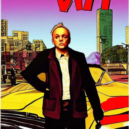 Image similar to Rik Mayall in GTA VI, cover art by stephen Bliss