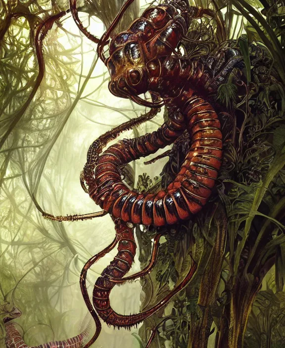 Image similar to intricate ornate opulent transparent clear see - through portrait of a terrifying beautiful emaciated male alien centipede, mottled coloring, adorable, childlike, overgrown jungle environment, ultra realistic, concept art, art nouveau, photorealistic, octane render, 8 k, unreal engine. art by christopher marley and artgerm and greg rutkowski and alphonse mucha