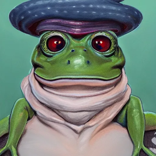 Prompt: A professional portrait of a frog wizard, painted in the style Arcane, 4k, traditional art, trending on artstation, highly detailed, full body shot, wide depth of field, professional lighting, airbrush