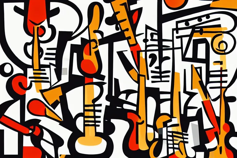 Image similar to Stylized abstract art of jazz musicians playing along with musical notes in the style of Stuart Davis