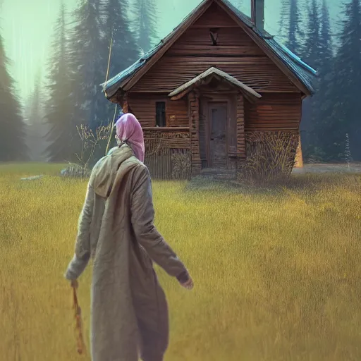 Image similar to woman leaving her wooden broken house by simon stålenhag, very highly detailed, award winning, rendered by Beeple, by Makoto Shinkai, syd meade, starwars, space art concept, digital art, unreal engine, blender, WLOP, trending on artstation, 4K UHD image, octane render