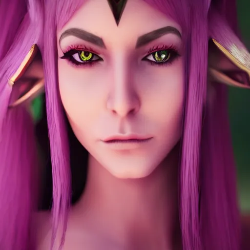 Image similar to portrait of a female high elf with magenta eyes, 3 d octane render trending on art station 8 k