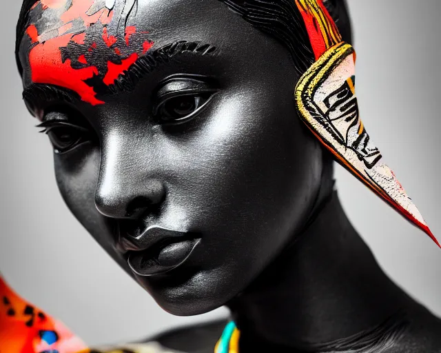 Image similar to close up portrait of extremely beautiful female black marble statue in the style of virgil abloh, colorful motocross logos behind her, sharp focus, clear, detailed,, cinematic, detailed, off white, glamourous, symmetrical, vogue, editorial, fashion, magazine shoot, glossy