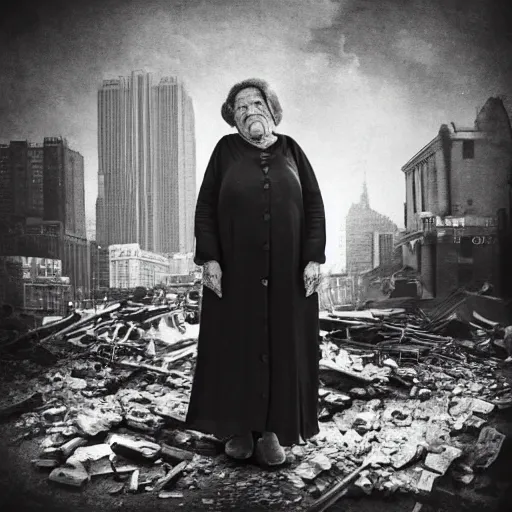 Image similar to realistic black and white old photo of a giant very old woman on destroyed city, full body, short dof, extremely cute, large head, hyper realistic, minutely detailed