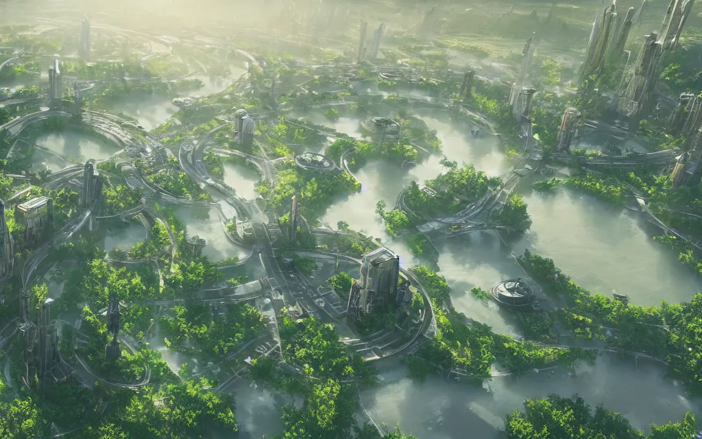 Image similar to a breathtaking view of a solarpunk city, green meadows and rivers, futuristic architecture, hyperrealism, octopath traveler, octane render, misty, highly rendered, global illumination, radiant light