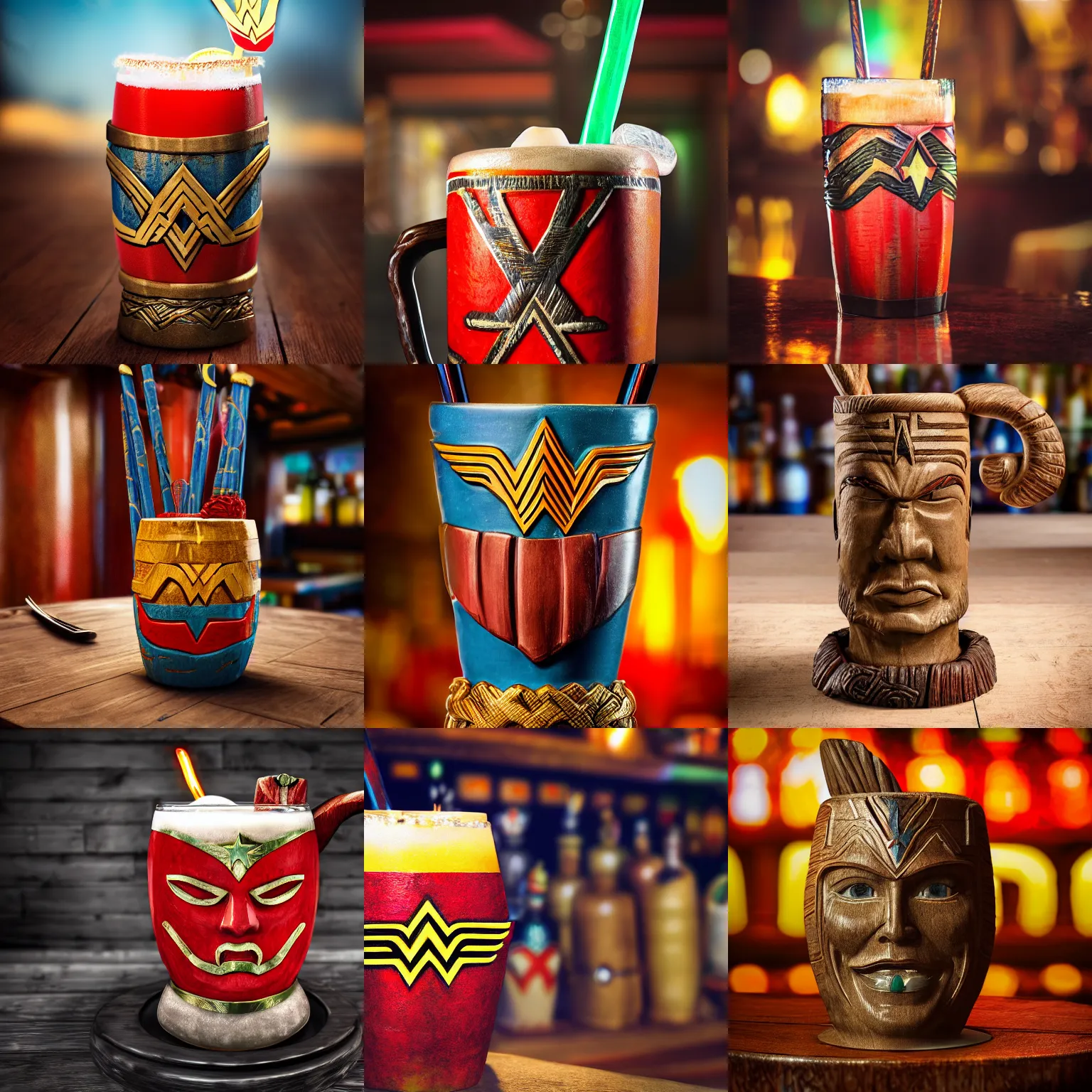 Prompt: a closeup photorealistic photograph of a wonder woman style tiki mug placed on a trader vic's bar. tiki theme. bright scene. fine detail. this 4 k hd image is trending on artstation, featured on behance, well - rendered, extra crisp, features intricate detail, epic composition and the style of unreal engine.