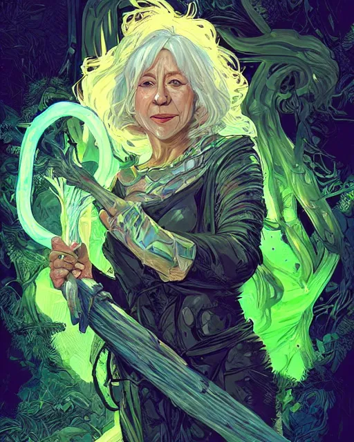 Image similar to a white-haired witch holding a gnarled staff, helen mirren, ancient wisdom, glowing iridescent accents, digital apex legends illustration portrait, gorgeous lighting, wide angle action dynamic portrait, art by Josan Gonzalez, bright colors, green and gold palette, high contrast