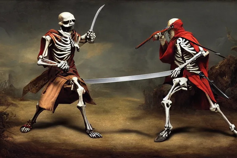 Image similar to man dueling a skeleton warrior with a sword