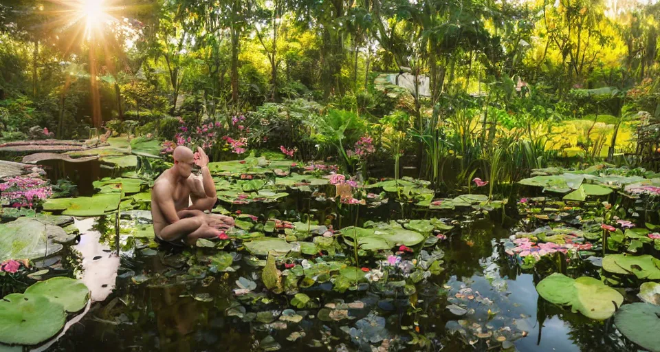 Image similar to ant view of a zen master symmetrical body, clothed in a beautiful kimono quietly sitting in a rock garden overlooking a pond of lilly pads during a sublime sunset, one sun, his dark silhouette completely obscured by bokeh, colorful masterpiece photography,