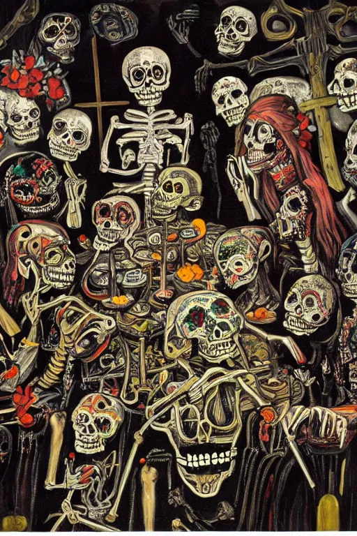 Prompt: scene from a art gallery, celebrating day of the dead, cyber skeletons eating their brains out at a long crucifix - shaped table, queen in black silk in the center neon painting by otto dix