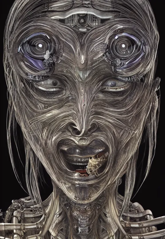 Image similar to perfectly centered portrait, front view of a beautiful biomechanical cyberpunk alien android robot buddha, female, flowing hair, intense stare, sarcastic smile, symmetrical, concept art, intricate detail, volumetric shadows and lighting, realistic oil painting by alex grey and h. r giger,