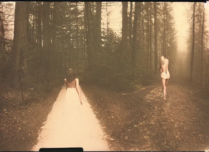 Prompt: medium shot, a young woman towards the camera, a demon is chasing her, woods, polaroid photo, vintage, neutral colors, by gregory crewdson