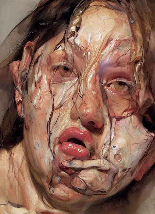 Image similar to high quality high detail painting by jenny saville, hd, a skinny beautiful woman, her face is breaking into pieces, photorealistic lighting