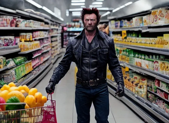 Image similar to film still of Wolverine going grocery shopping in the new X-Men movie, 4k