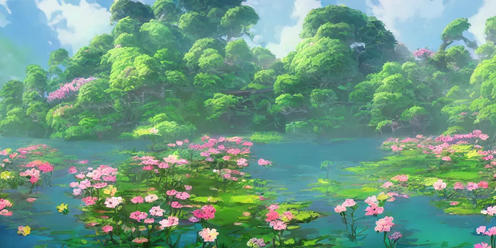 Prompt: a beautiful lake with blooming flowers, fantasy art, 2 d game art, by studio ghibli