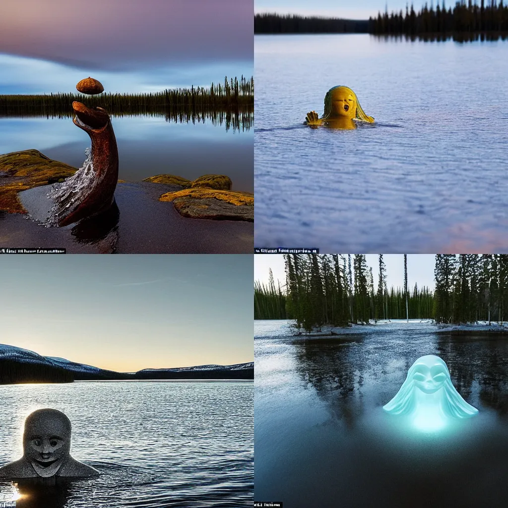 Prompt: a luminous spirit of the lake made of water looks at the camera, smiles sweetly and stretches its hands to the camera, Northern Finland,