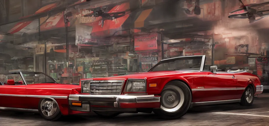 Prompt: front of red 1978 convertible car as a grand theft auto 5 loading screen, front view, very detailed studio photograph, concept art, 4k, sharp focus