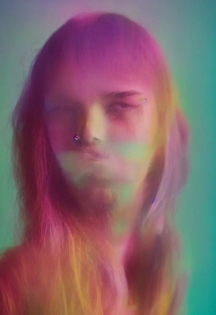 Prompt: A vibrant studio portrait photograph of a beautiful millennial young woman by Alessio Albi and Nina Masic, trending on instagram, soft focus, vertical portrait, natural lighting, double exposure, f1.8, 50mm, instax, polaroid, classic chrome, film grain, light cyan, lavender blush, digital art, cinematic and volumetric lighting, 4k, 8k, HD