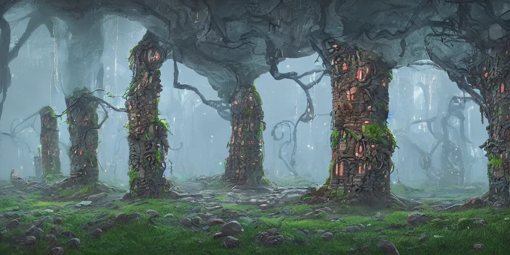 Image similar to Vines dripping from a portal made of stone. Detailed digital matte painting in the style of simon stalenhag