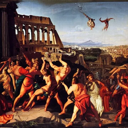 Image similar to the fall of rome, oil in canvas