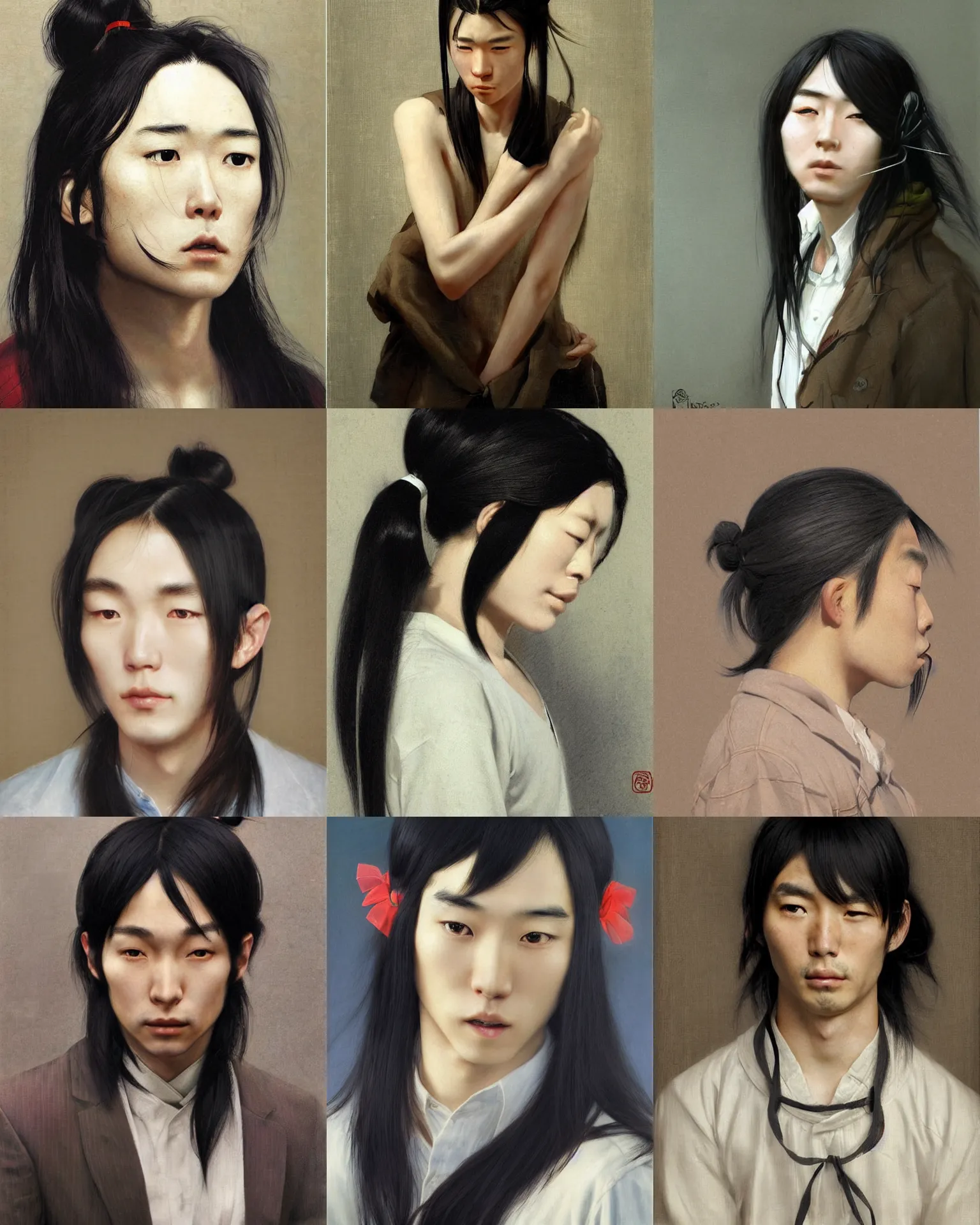 Prompt: japanese person in his 20's, long black hair, hair ties, barrettes ponytails, handsome, cute expression, korean, detailed photorealistic artwork, by Ruan Jia and Gil Elvgren, portrait