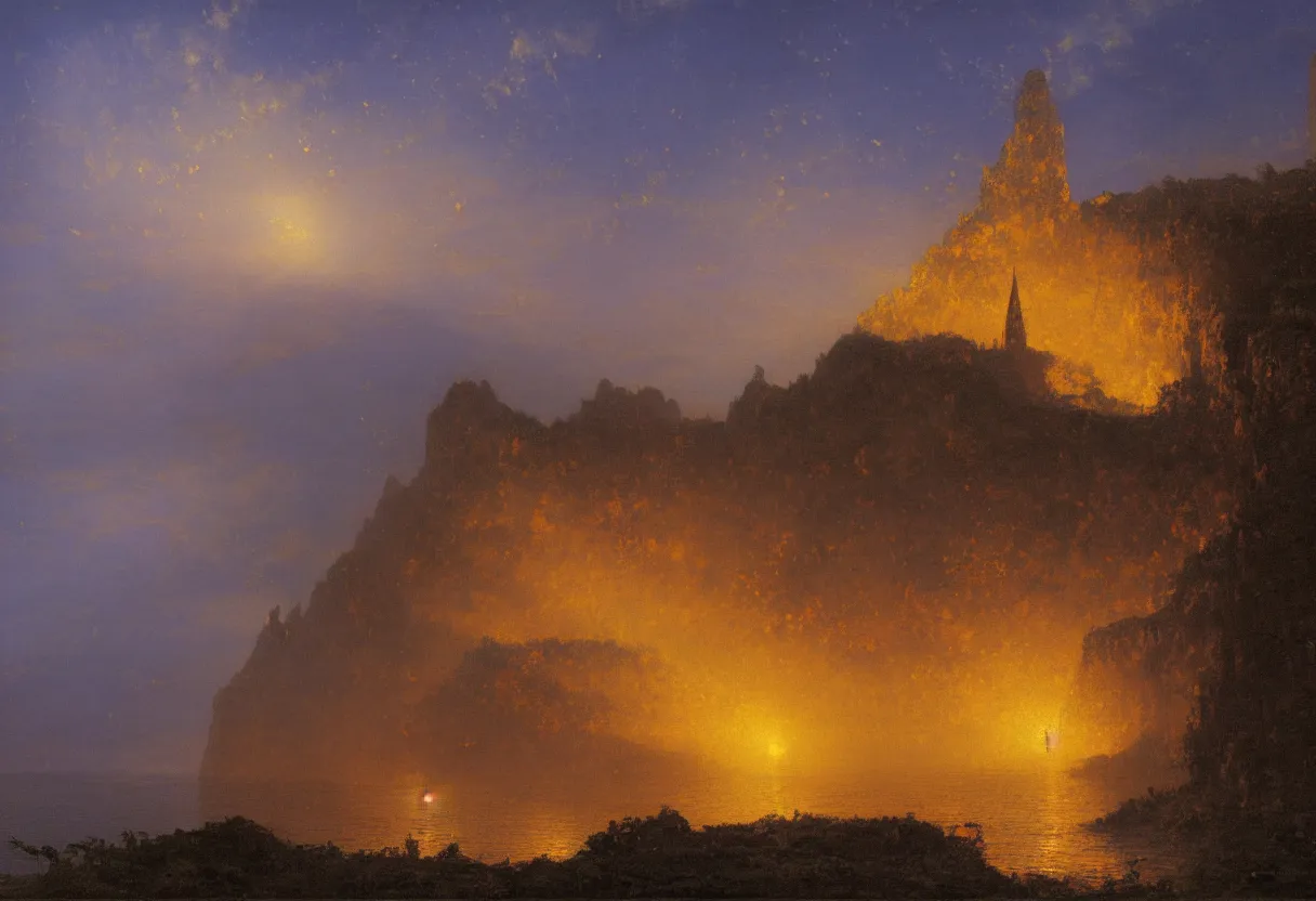 Image similar to a beautiful ultradetailed painting of a single gilded cathedral at the edge of a cliff next to a deep blue sea illuminated by orange fireflies, albert bierstadt, makoto shinkai, 8 k, light effects, trending on artstation