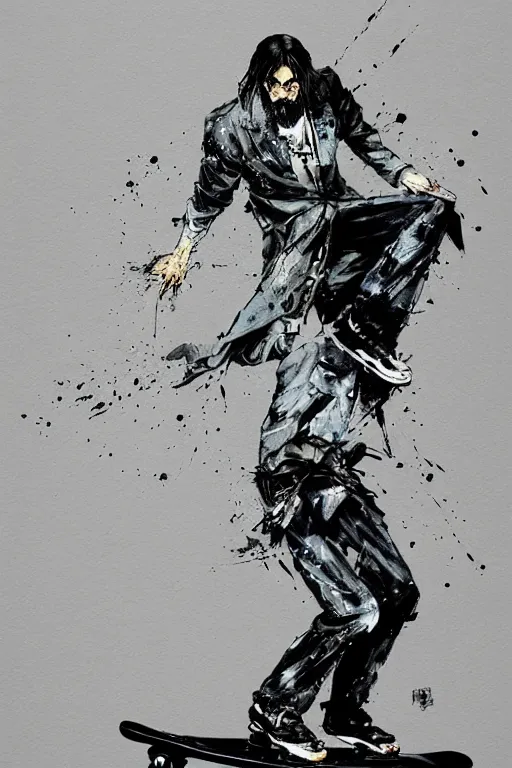 Image similar to Grigori Rasputin riding a skateboard in the style of yoji shinkawa and ashley wood, splatters, detailed