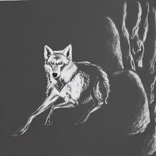 Image similar to david bowie riding a wolf forest ((over a rock)), dark lighting