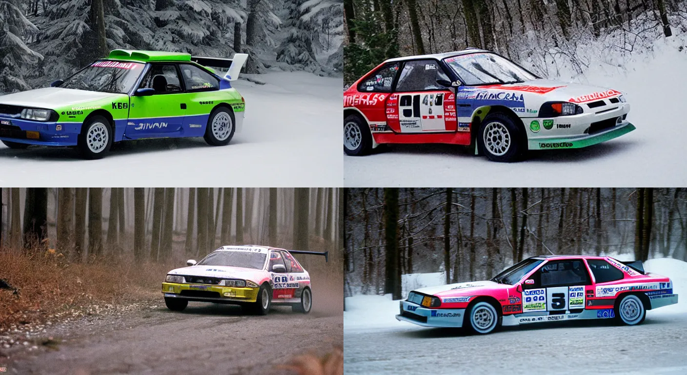 Prompt: a 1 9 9 2 nissan silvia club k's, racing through a rally stage in a snowy forest