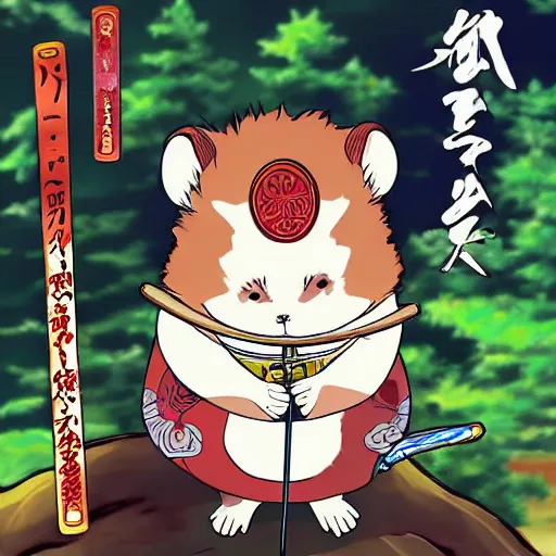 Image similar to japanese hamster samurai. with katana. anime art. deep fried sacura forest